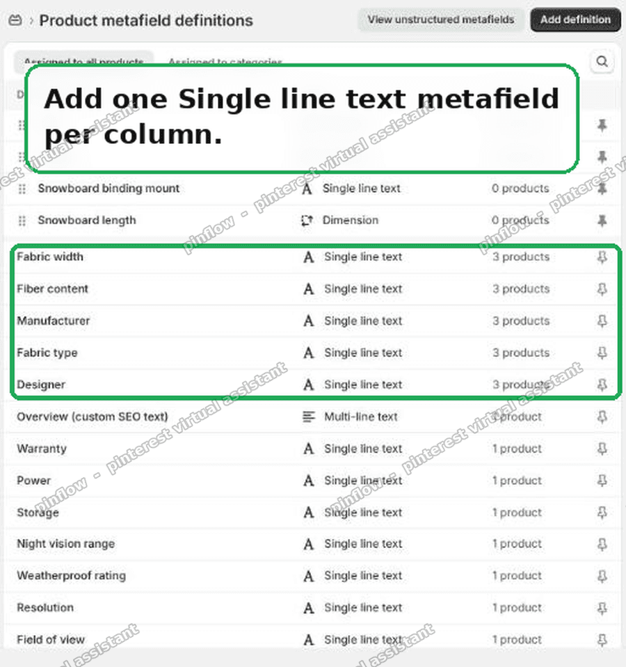 Creating one single line text metafield definition per column in Shopify settings