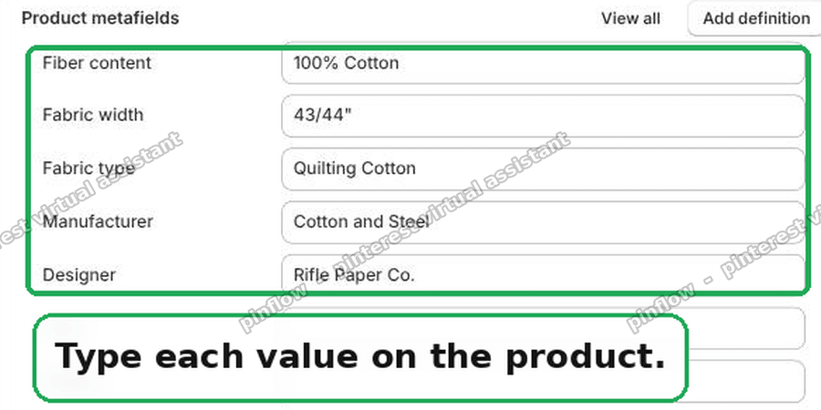Filling in each metafield value on a Shopify product