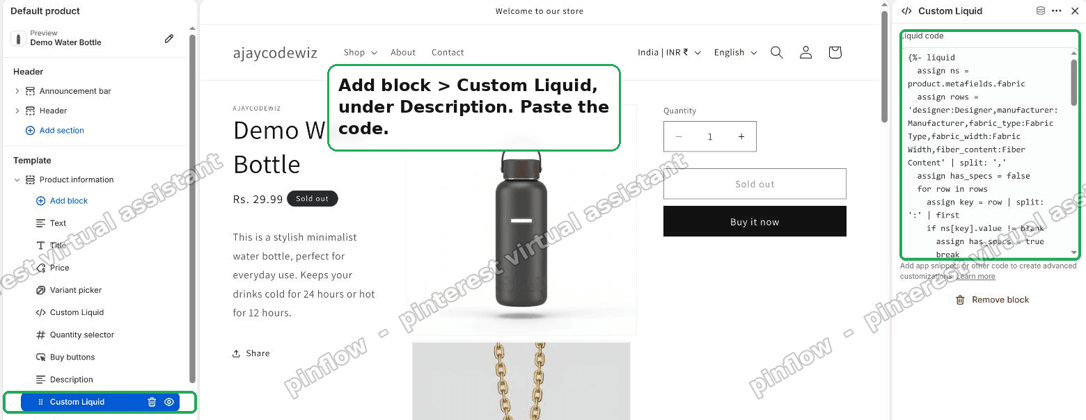 Pasting the Custom Liquid block under the description in the Shopify theme editor