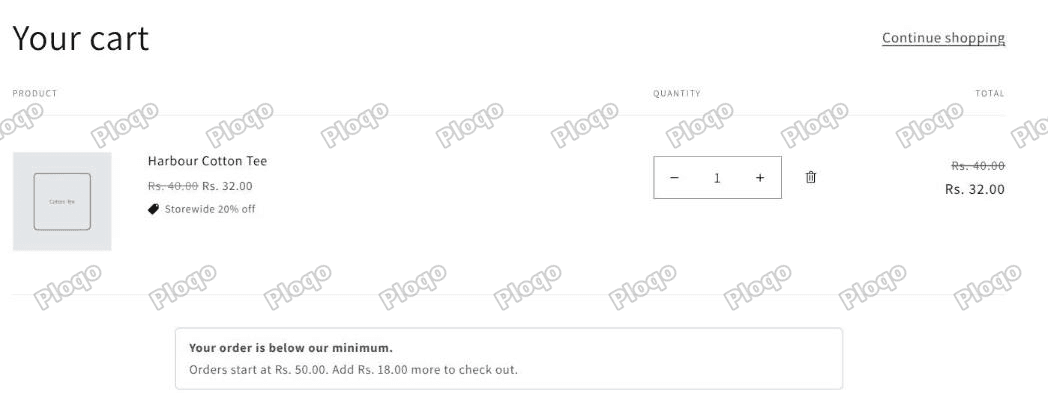 A Dawn cart with a single item, a message reading your order is below our minimum, orders start at Rs. 50.00, add Rs. 18.00 more to check out, and a greyed out Check out button