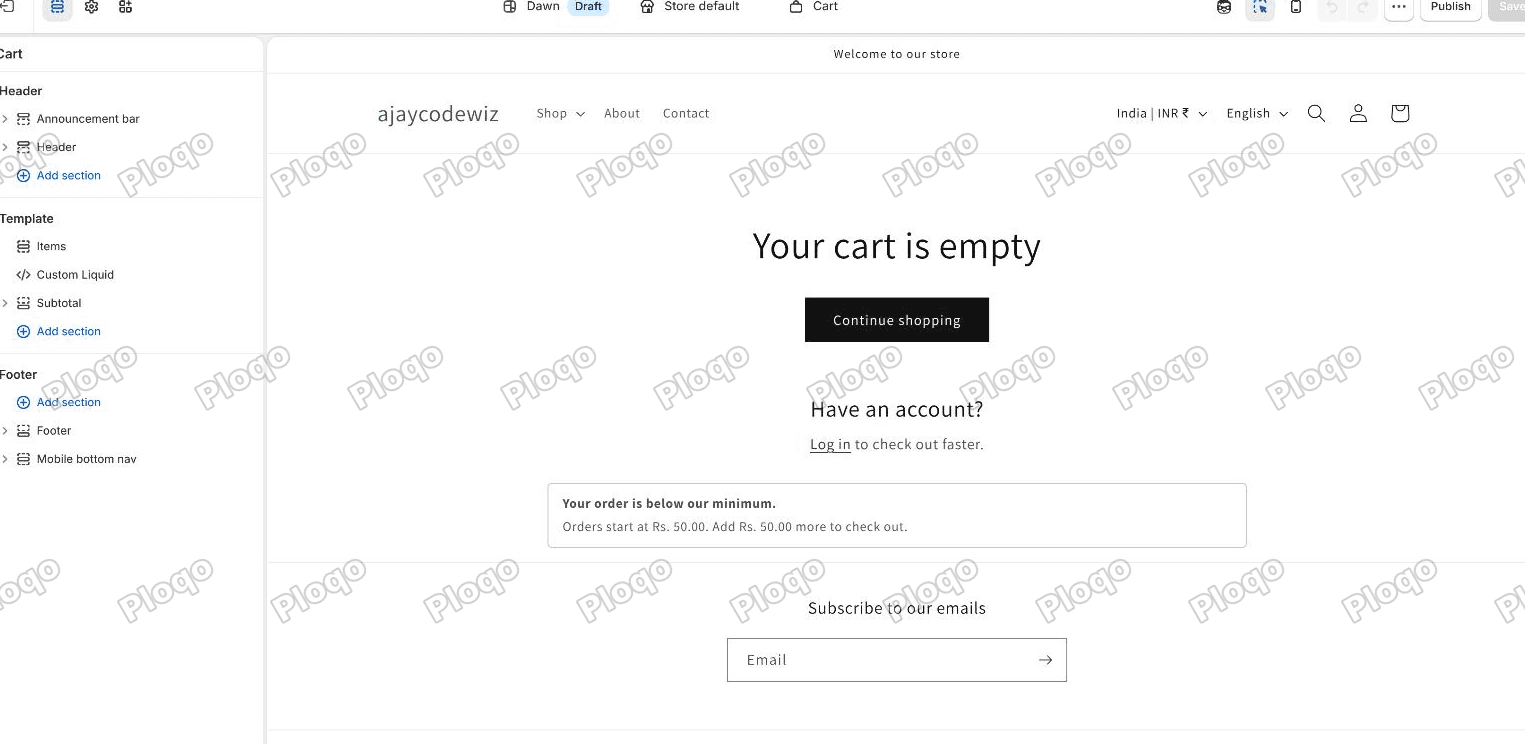 The Shopify theme editor on the Cart page, with a Custom Liquid section in the list on the left and the below-minimum message showing on the cart