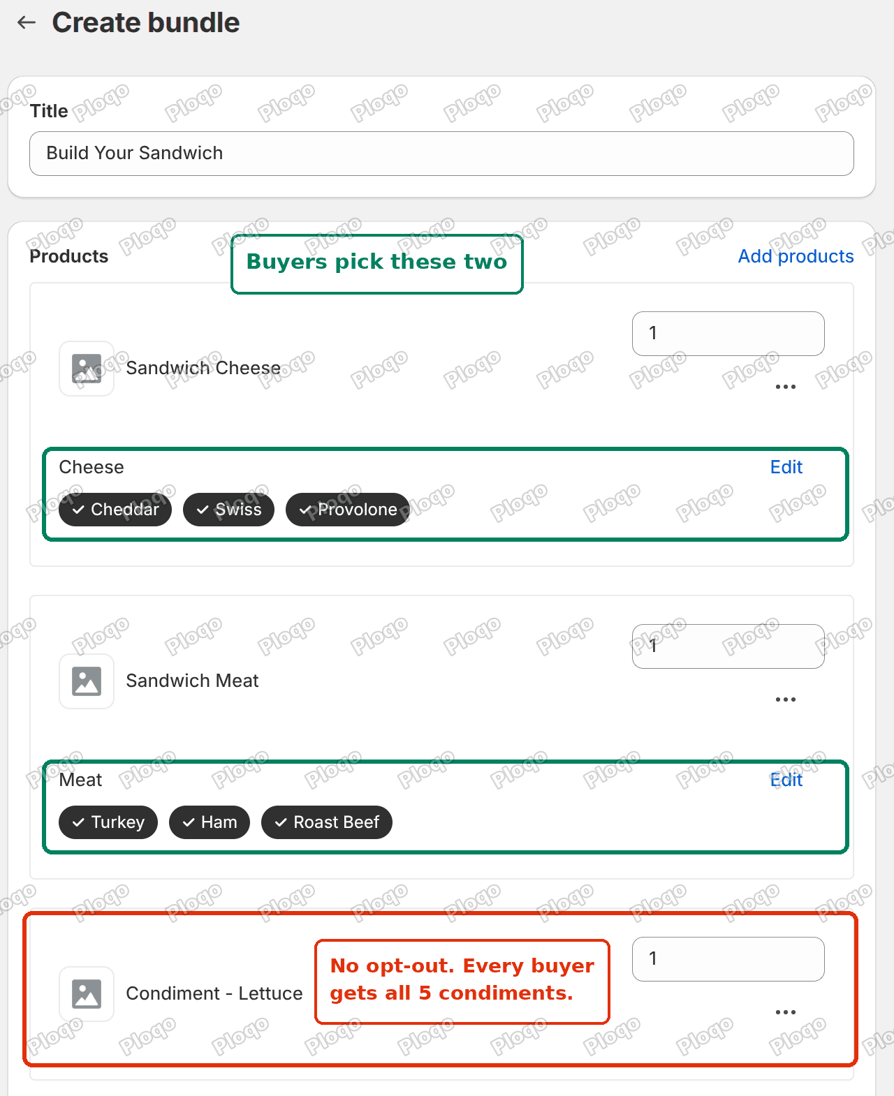 The Shopify Bundles create screen, showing the cheese and meat products with buyer-facing option chips and a condiment added as a fixed component