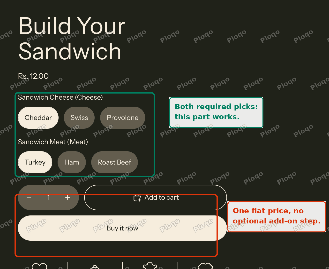 The bundle product page showing two variant pickers, a single price and an add to cart button, with no optional add-on section