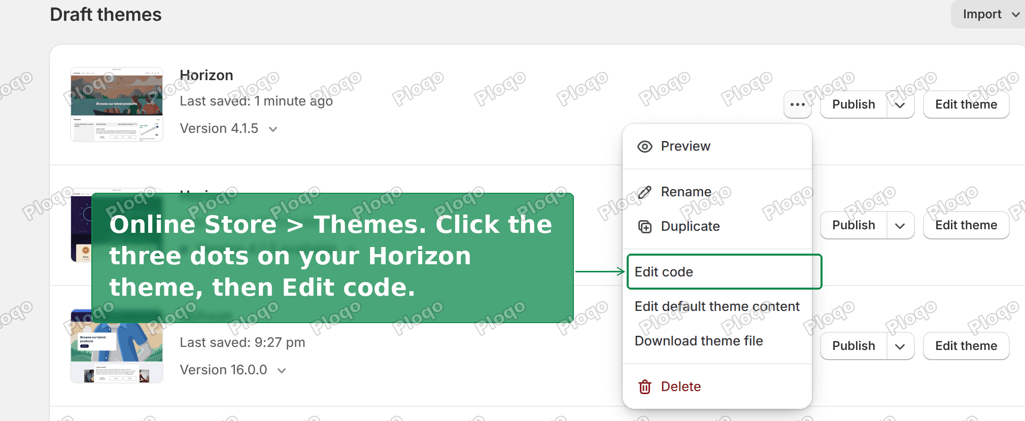 The theme actions menu in Shopify admin, with Edit code highlighted