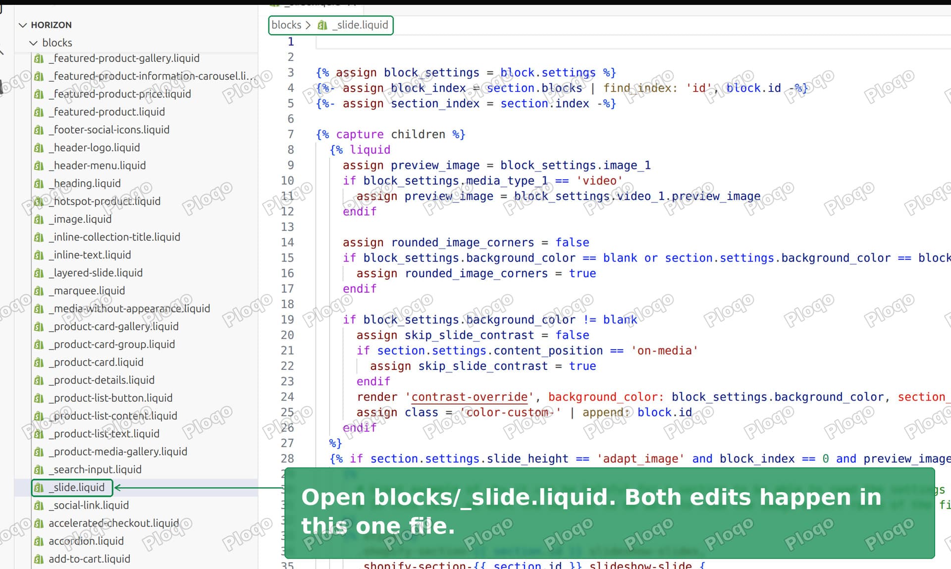 The Shopify code editor with blocks/_slide.liquid open