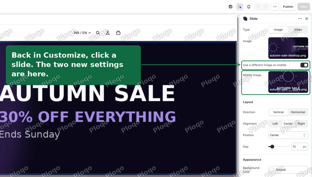The slide settings panel showing Use a different image on mobile and a Mobile image picker