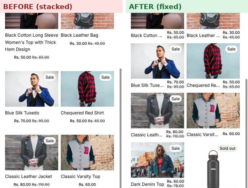 Product cards before, with title and price stacked, and after, with them on one line