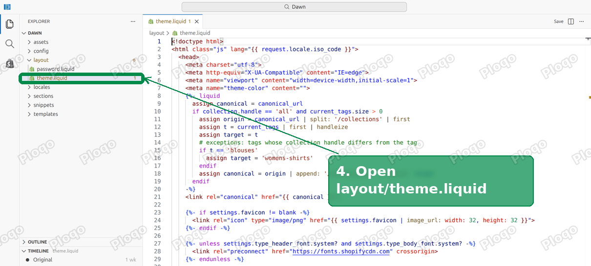 layout/theme.liquid open in the code editor