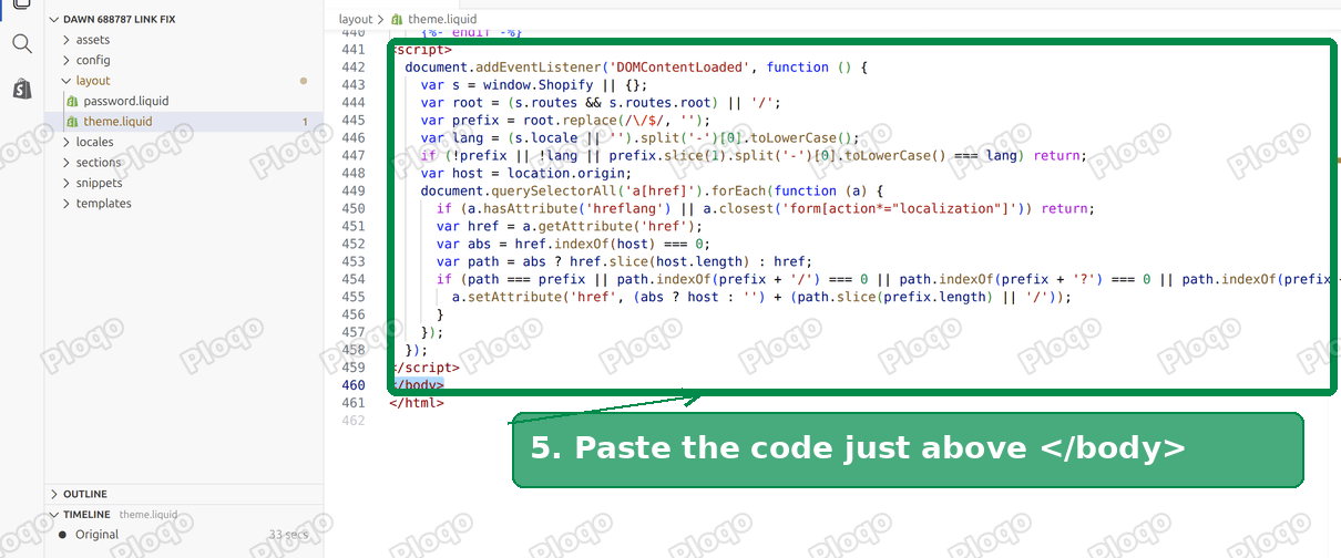 The script pasted above the closing body tag