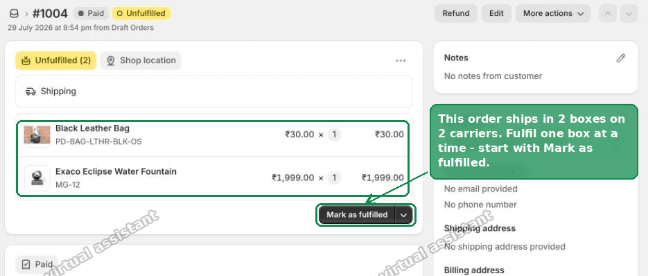 A Shopify order with two unfulfilled items, ready to fulfill