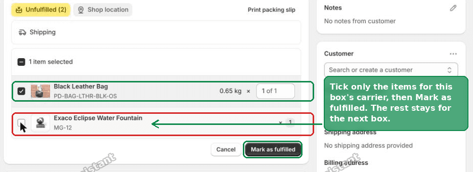 Untick the items for the other carrier so only the first box is selected