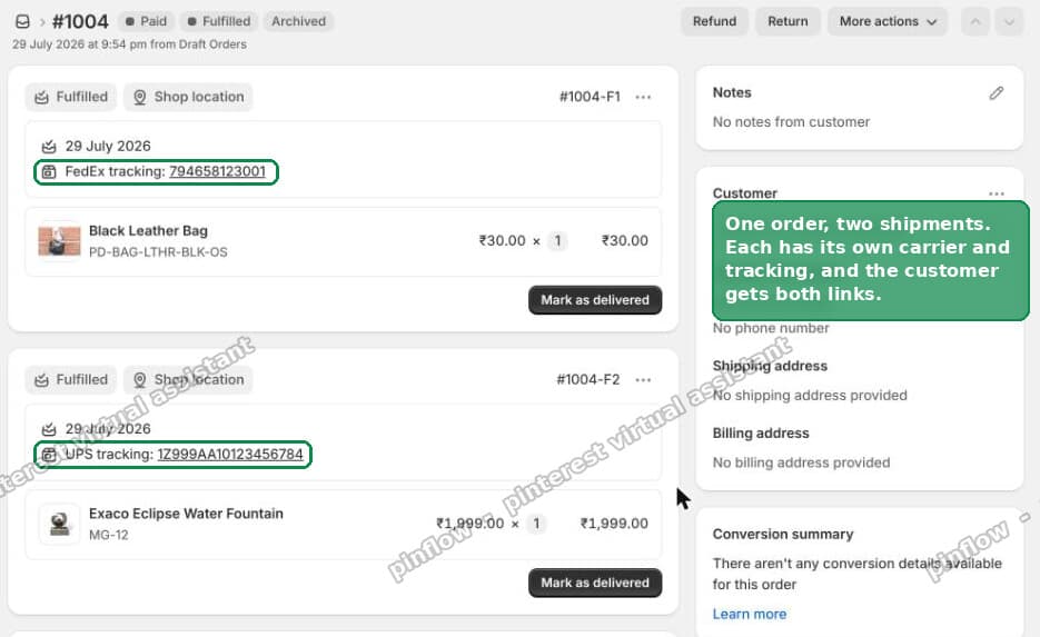 One order with two shipments, each on its own carrier