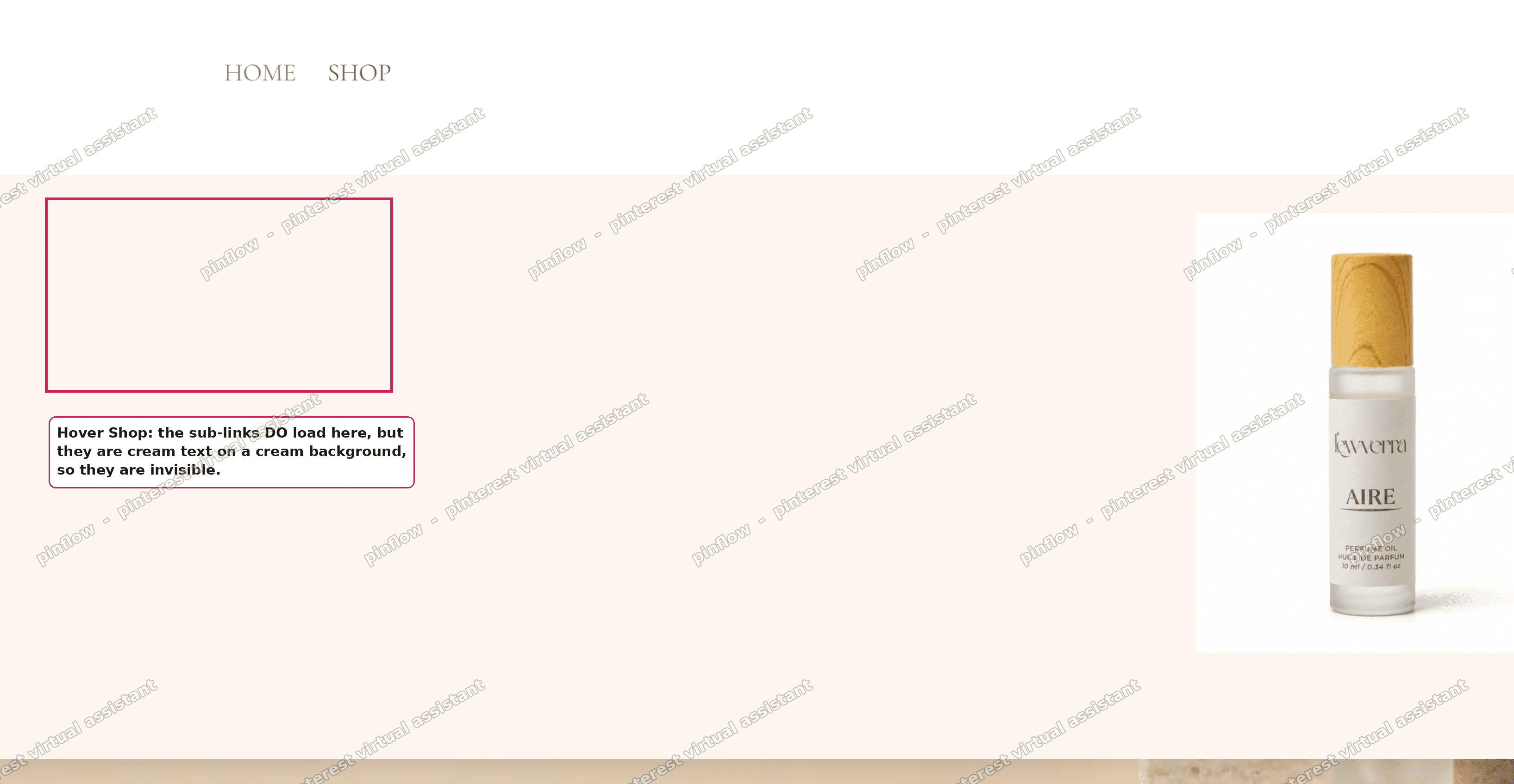 Savor dropdown open on hover but the three sub-links are invisible against the cream background