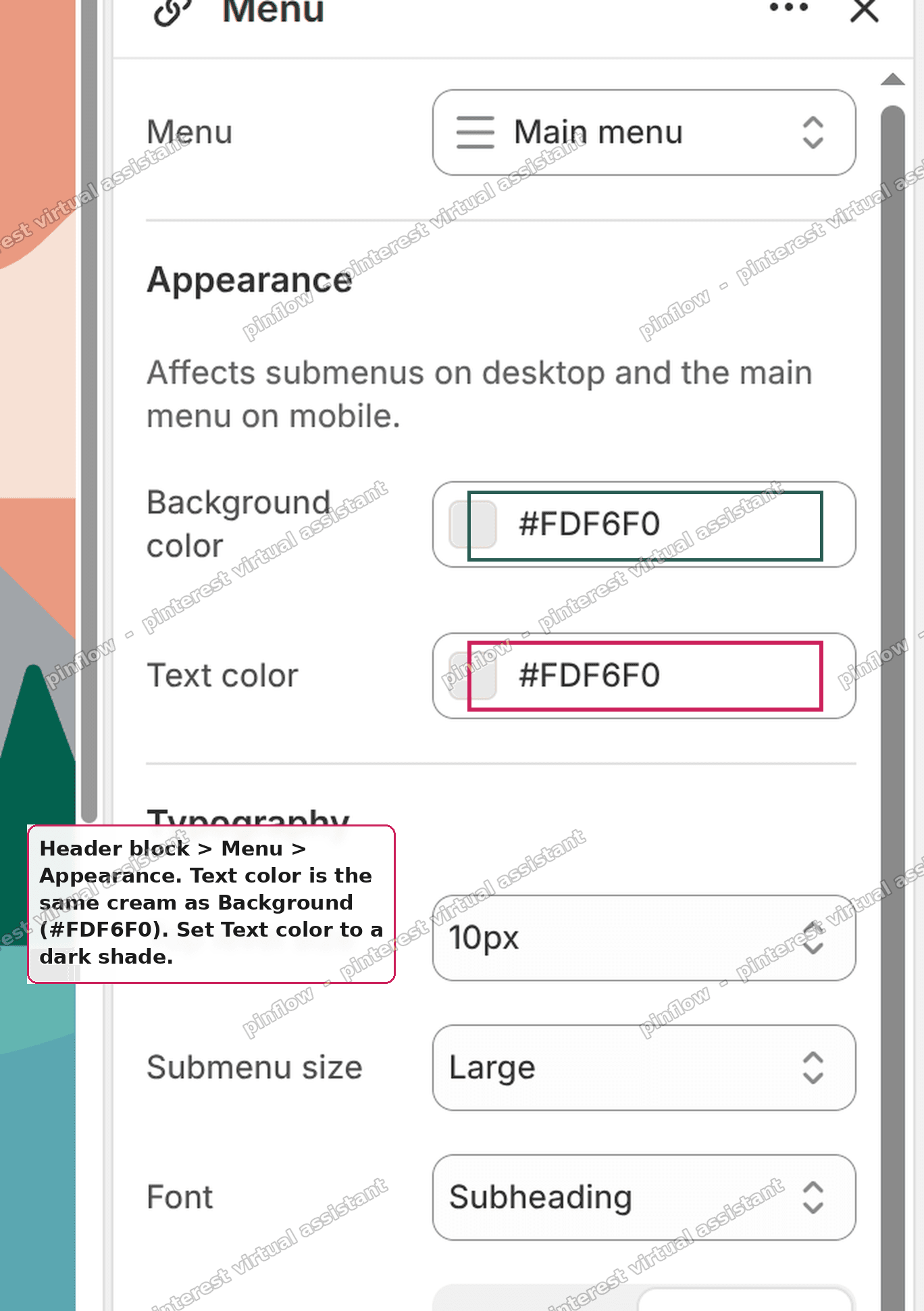Savor Header Menu block Appearance panel showing Text color set to the same cream as Background color