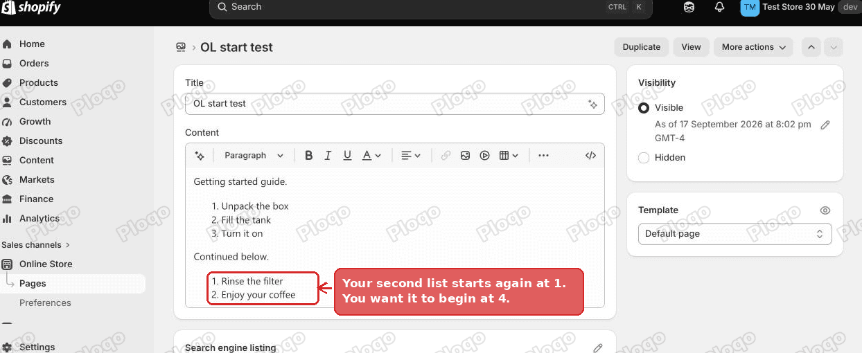 A Shopify page where the second numbered list restarts at 1 instead of continuing at 4