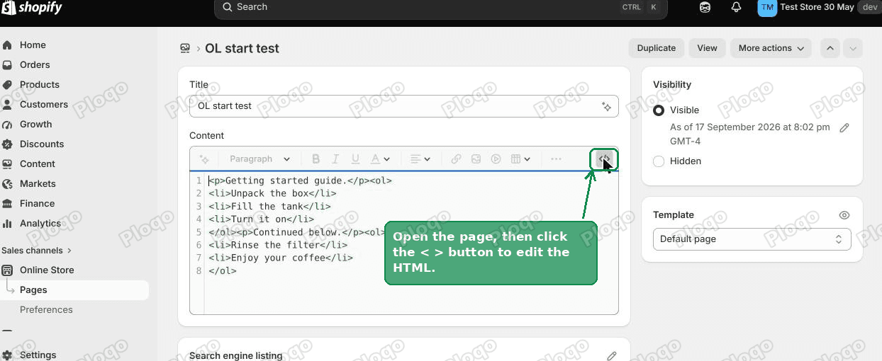 The Content box toolbar on a Shopify page, with the code button highlighted