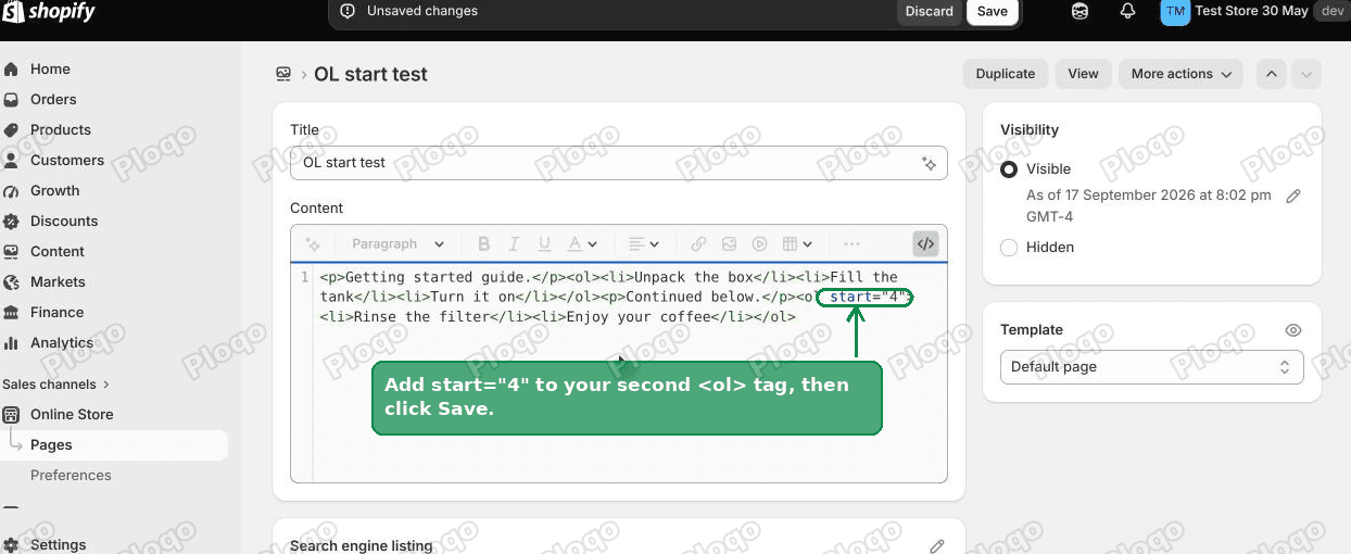 The page HTML with start equals 4 added to the second ordered list tag