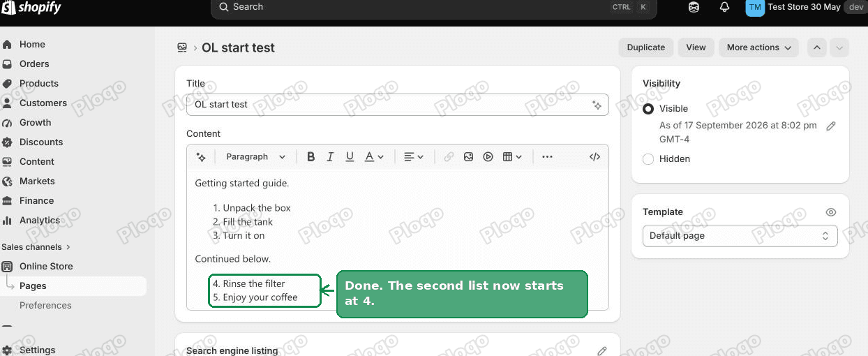 The Shopify page editor showing the second numbered list now starting at 4