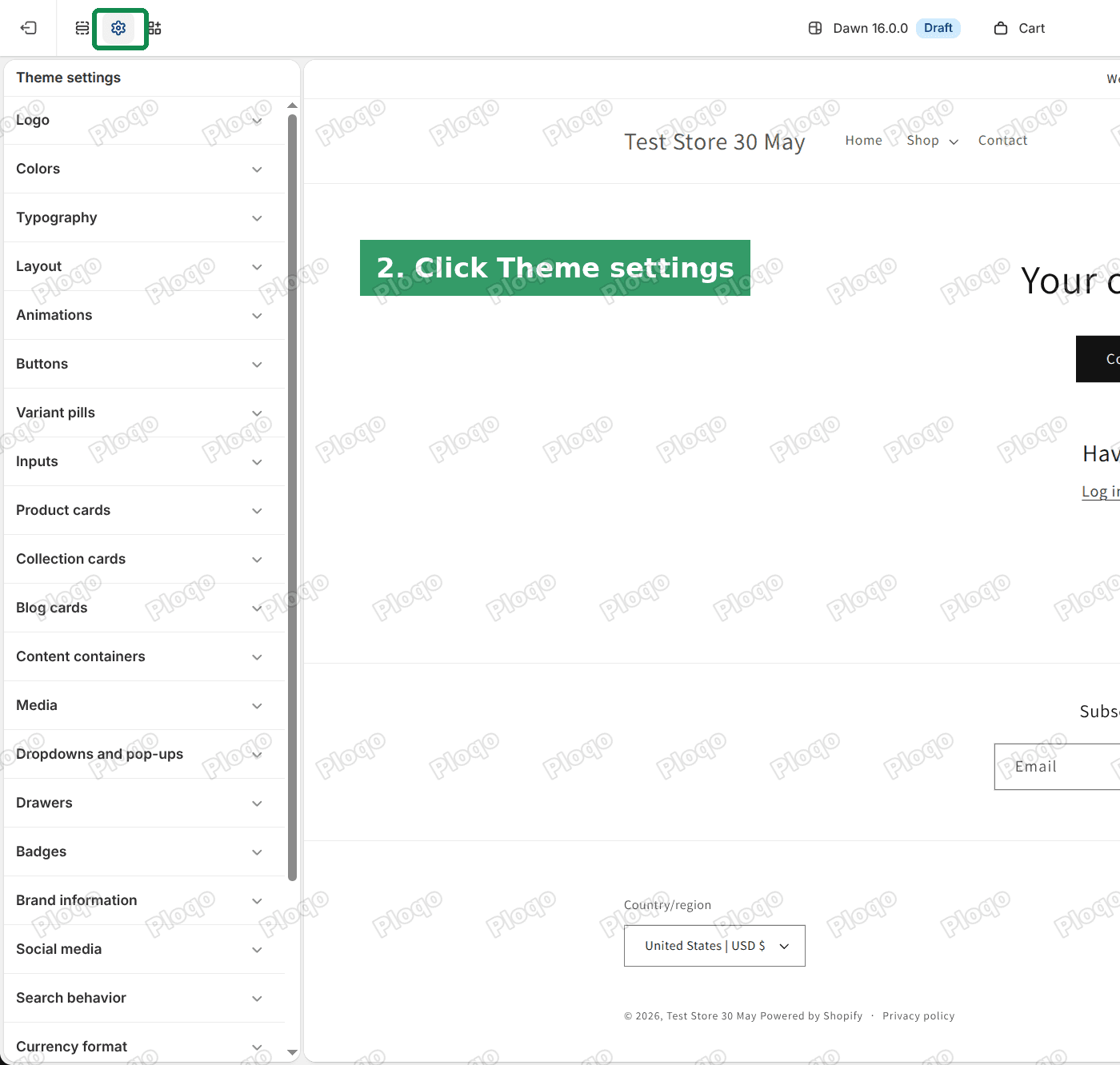 The theme editor with the Theme settings gear icon marked