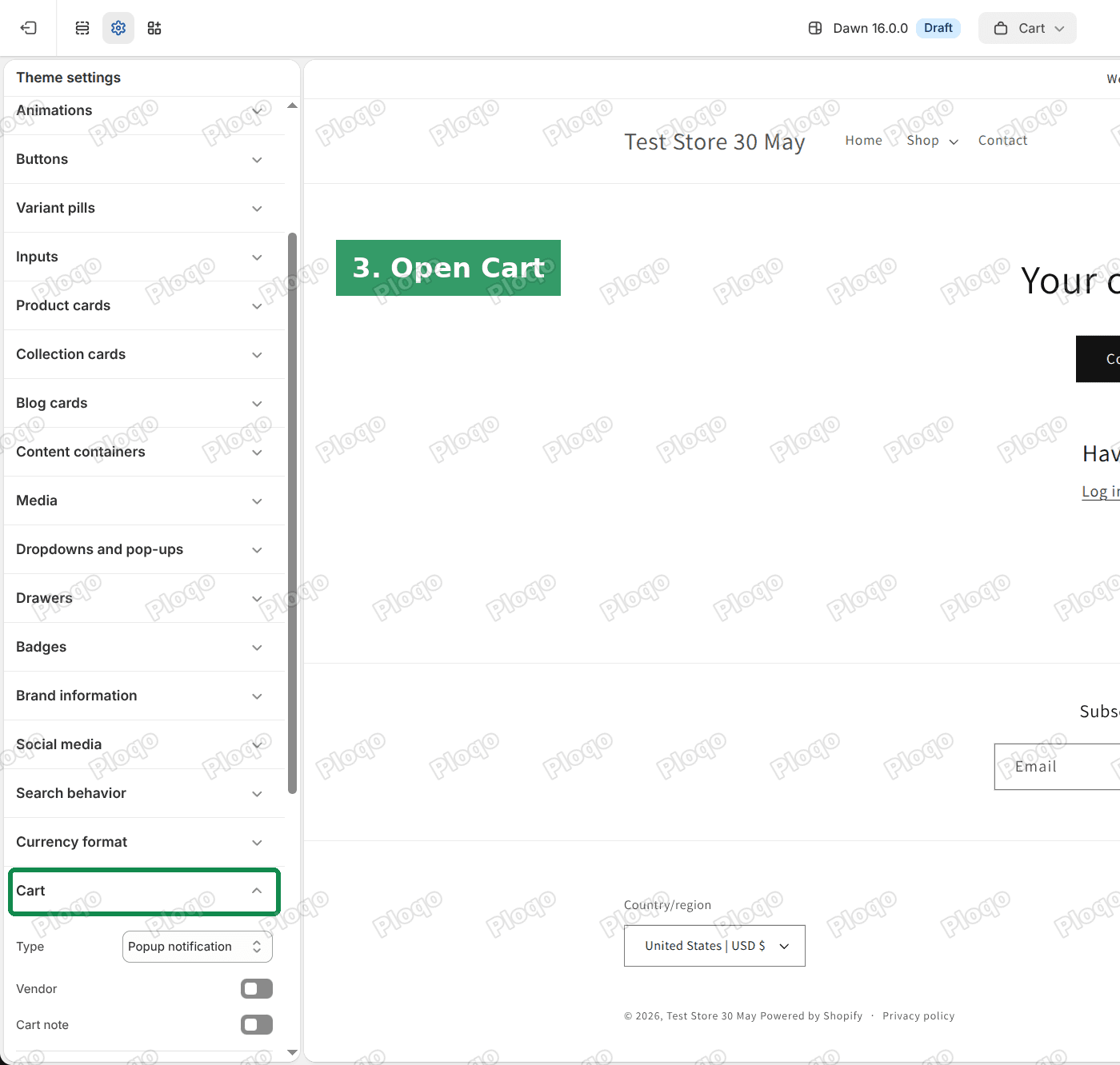 Theme settings list with the Cart group marked