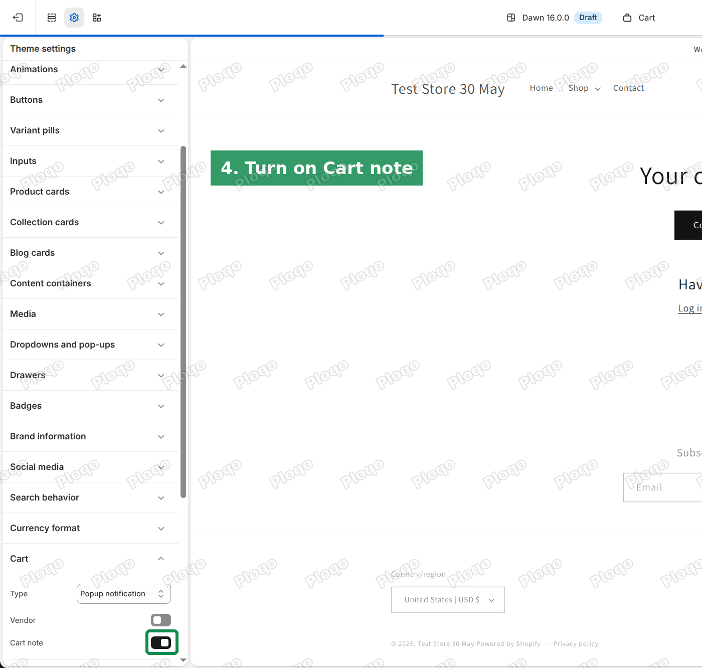 The Cart group expanded, with the Cart note switch turned on