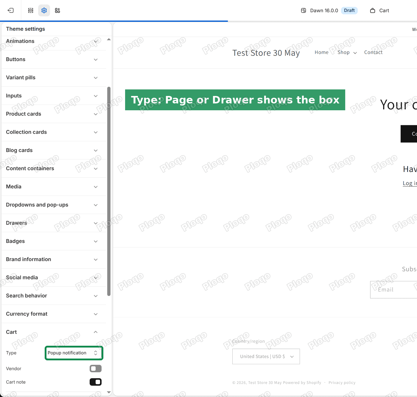 The Cart group in Theme settings, with the Type dropdown marked