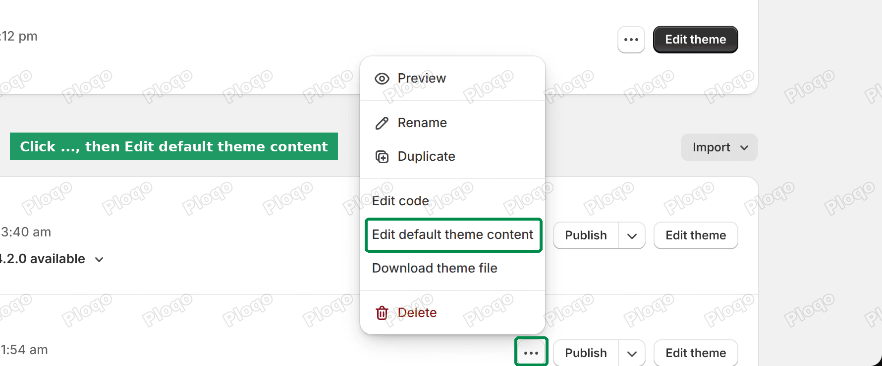 The theme actions menu open, with Edit default theme content marked