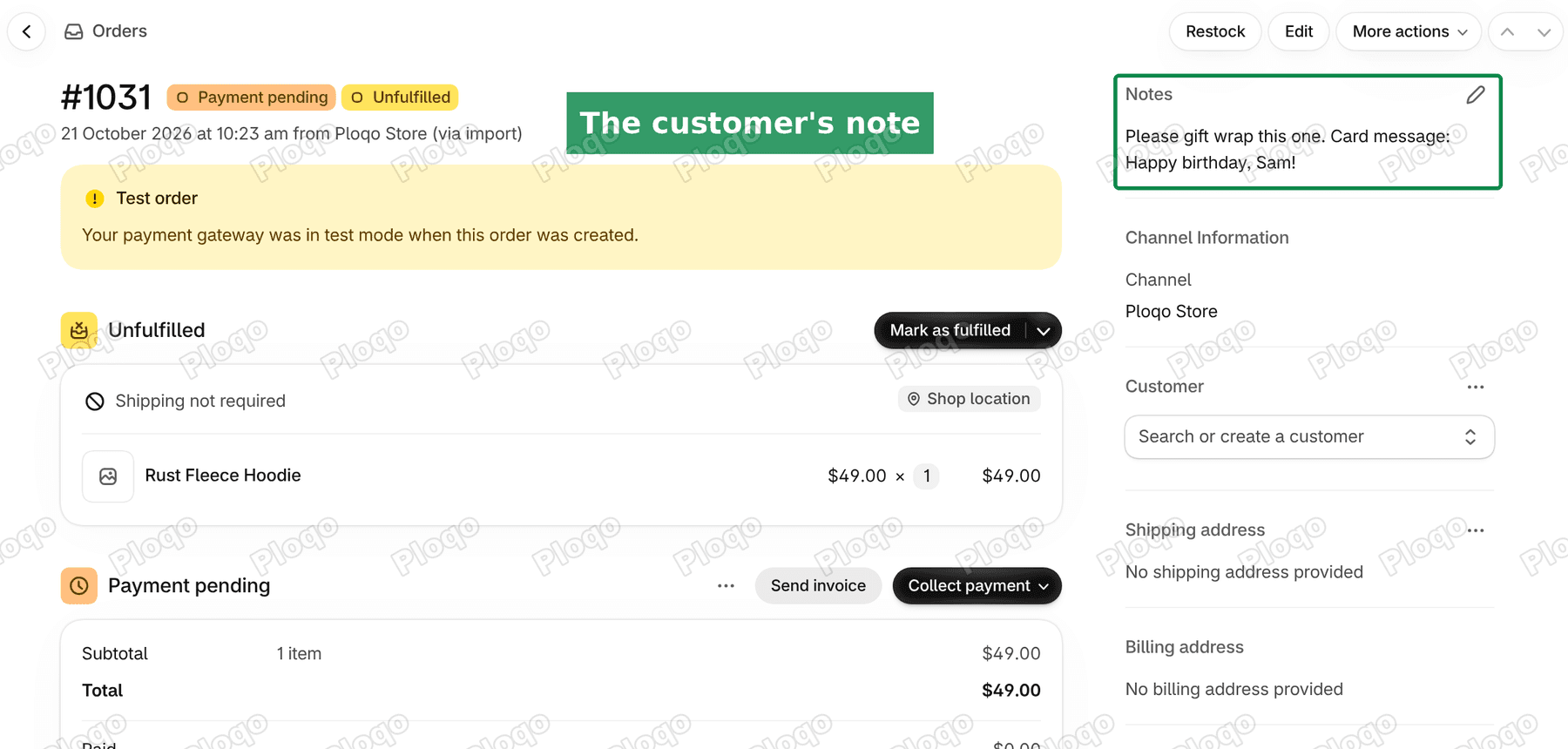 An order page in the Shopify admin with the customer's note in the Notes card