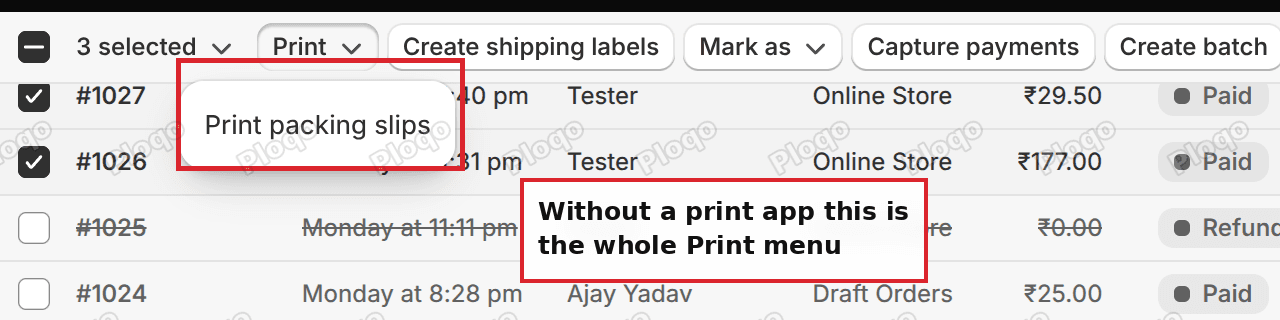 The Shopify bulk Print menu on a store with no print app, offering only Print packing slips