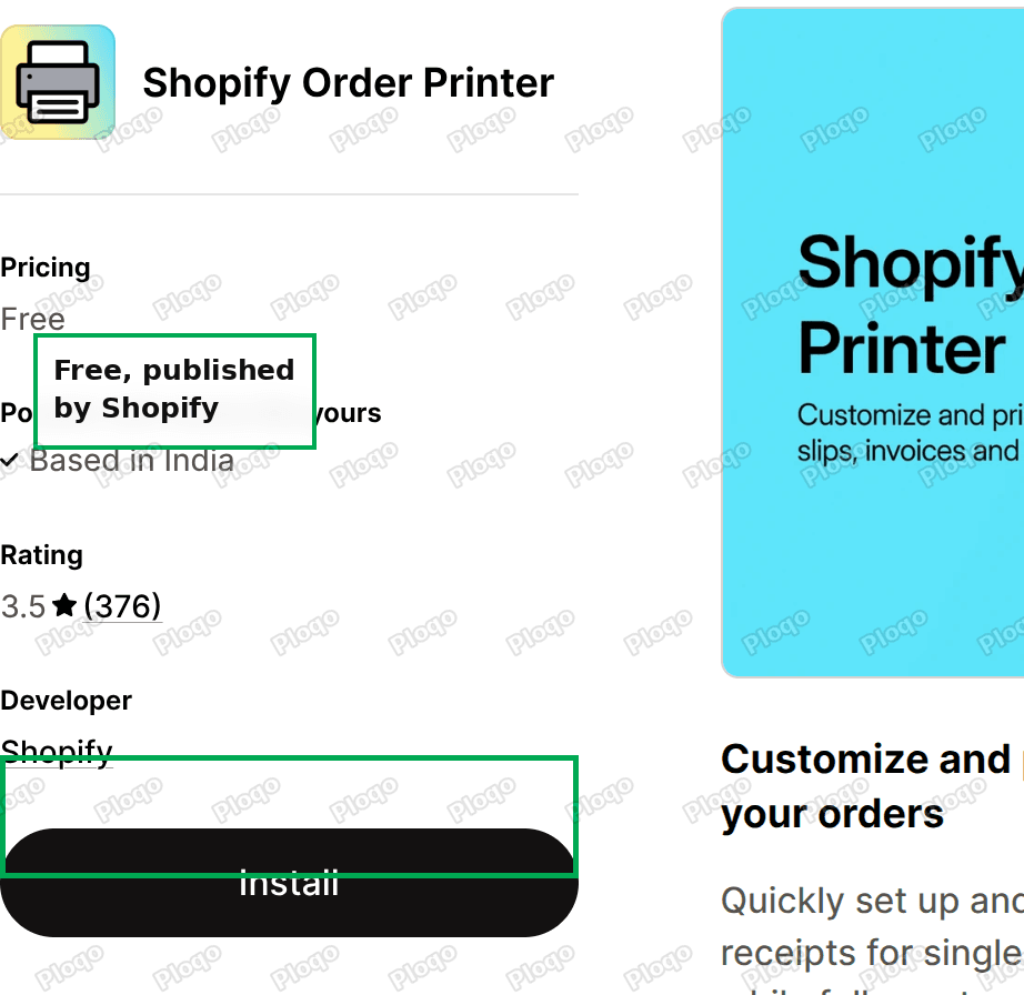 The Shopify Order Printer listing on the App Store, free, published by Shopify
