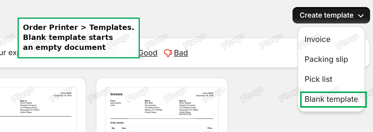 The Order Printer Templates page with the Create template menu open, showing Blank template
