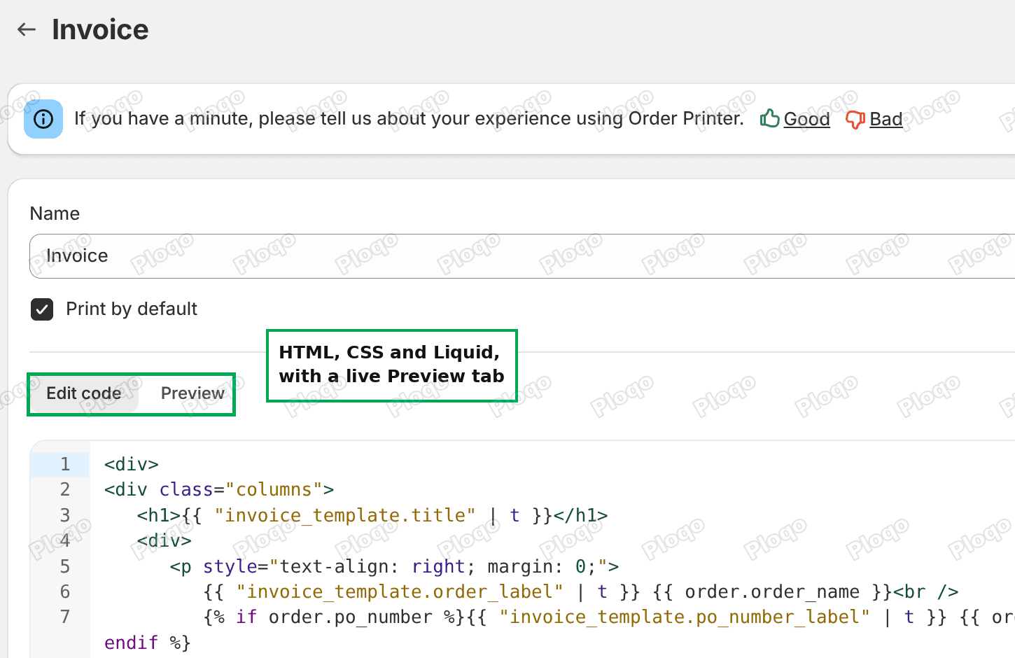 The Order Printer template editor with the Edit code and Preview tabs