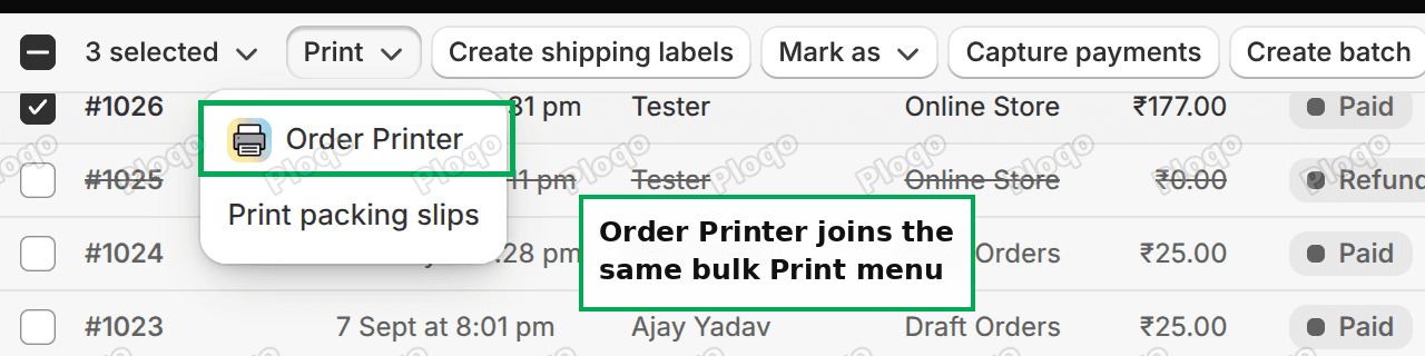 The Shopify bulk Print menu after installing Order Printer