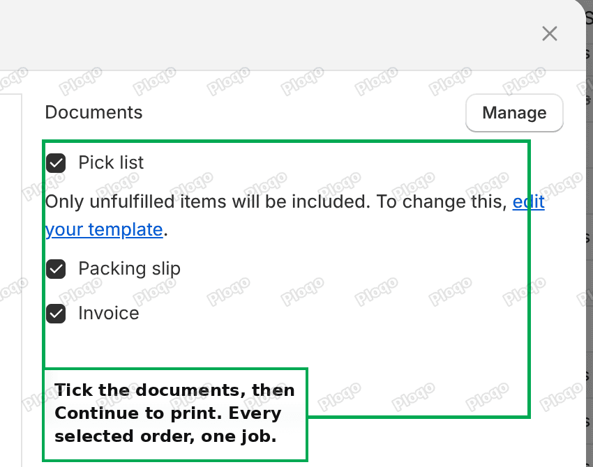 The Order Printer print dialog listing Pick list, Packing slip and Invoice with checkboxes