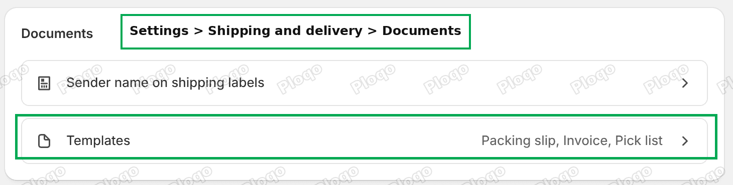 The Documents section of Shopify Shipping and delivery settings, with a Templates row