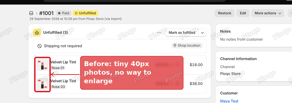 The Shopify order page with two line items shown as small thumbnails