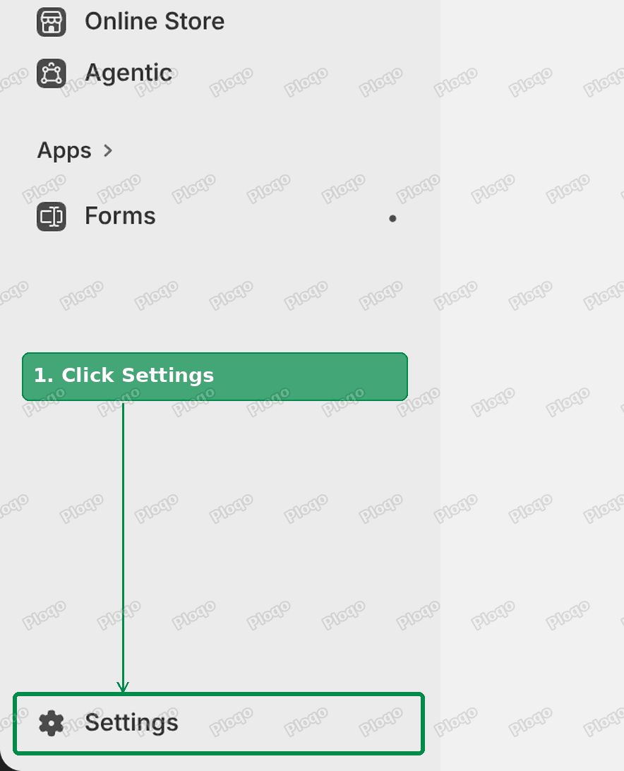 The Settings link at the bottom of the Shopify admin menu