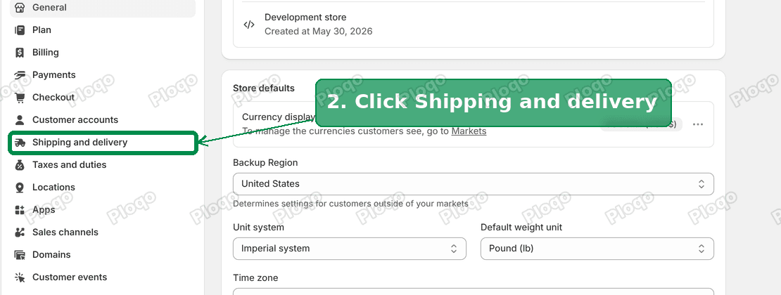 Shipping and delivery in the Shopify settings menu