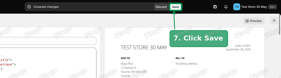 The Save button on the packing slip template