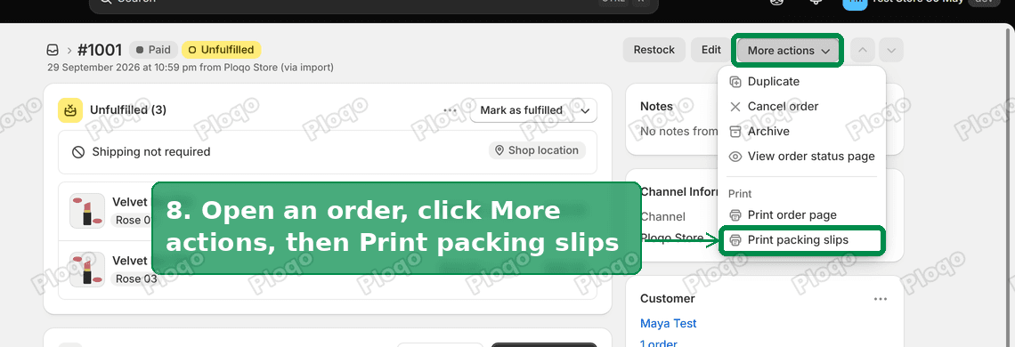 More actions menu with Print packing slips