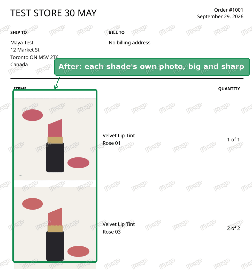 The printed packing slip with a large photo for each shade