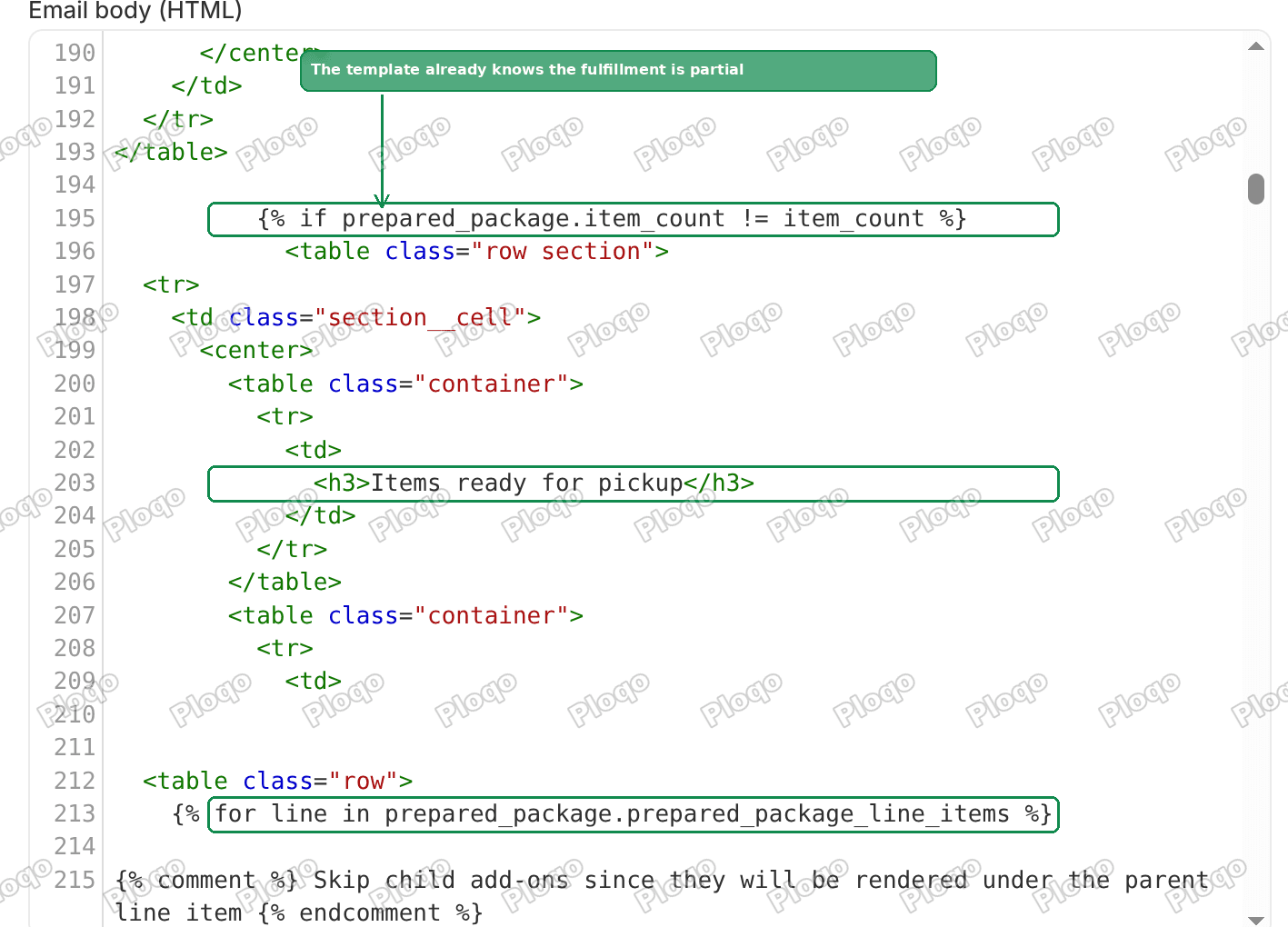 The Ready for local pickup email template showing a partial check and a ready items loop