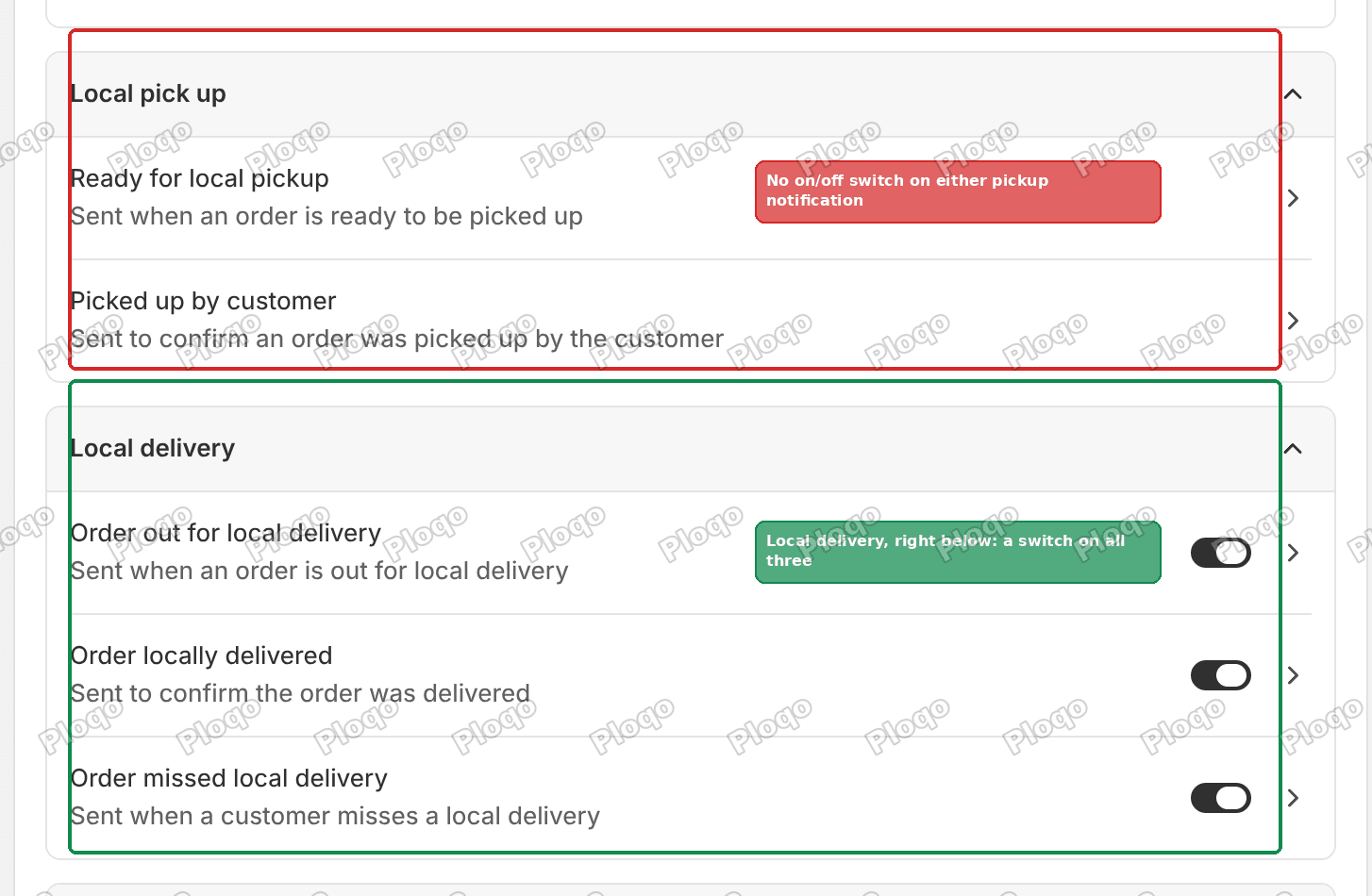 Shopify notification settings with Local pick up showing no switches and Local delivery showing three