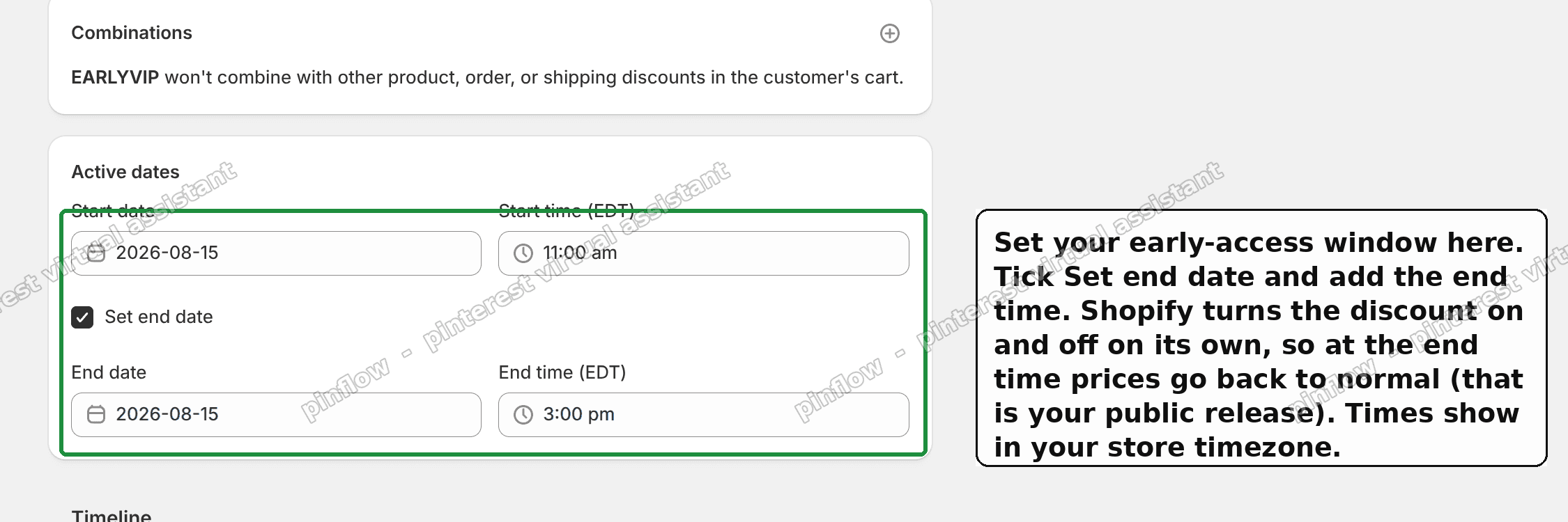 The Active dates section of a Shopify discount, with a start and end time so it turns on and off automatically