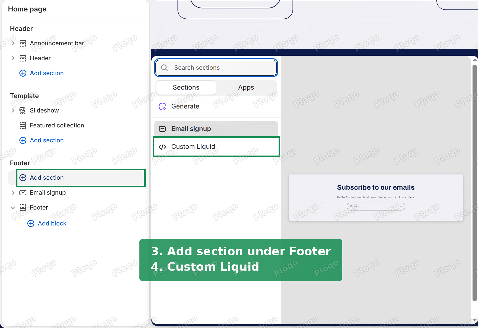Theme editor sidebar with Add section under Footer highlighted and Custom Liquid highlighted in the section picker