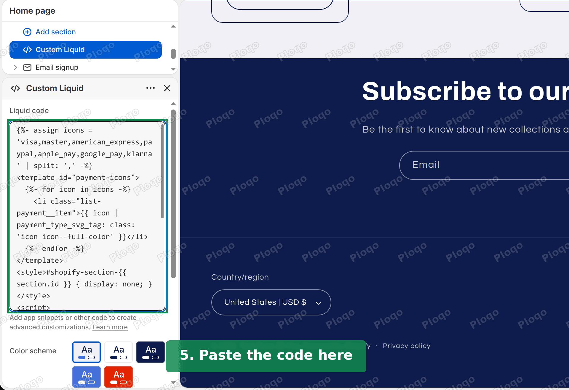 Custom Liquid section open in the theme editor with the payment icons code pasted into the Liquid code box