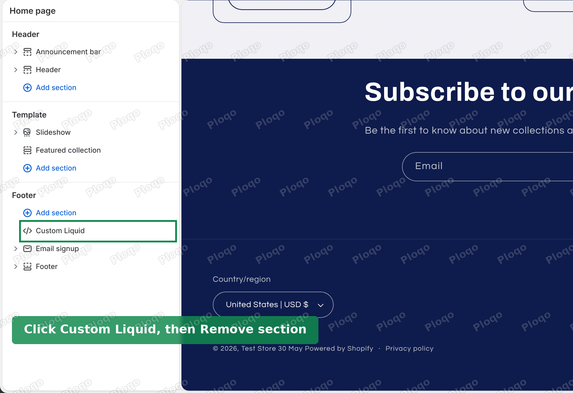 Theme editor sidebar with the Custom Liquid section highlighted under the Footer group