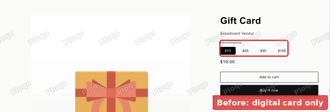 A standard Shopify gift card product page, with only digital amounts on offer