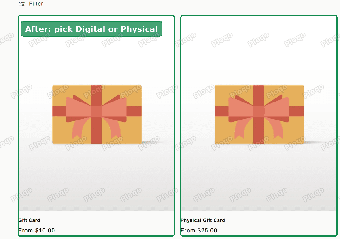 The Gift cards collection page on the storefront, showing the digital Gift Card and the Physical Gift Card side by side