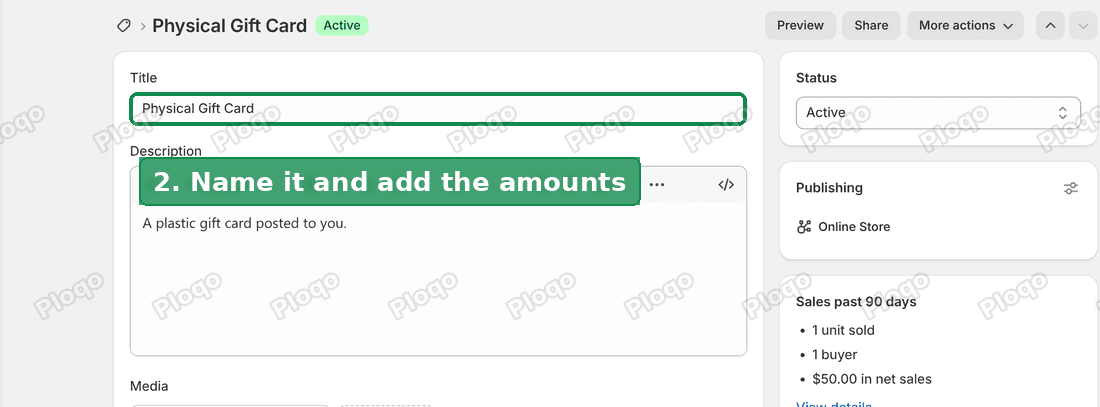The Physical Gift Card product page in the Shopify admin, with the title and description filled in